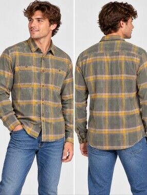 Casual Olive Plaid Long-Sleeve Button-Down Shirt with Yellow Accent